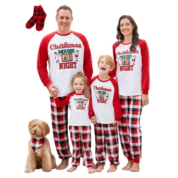 PatPat Girls or Boys Family Christmas Pajamas Matching Sets Red Plaid Pants Long Sleeves Santa Tops with Socks, 2-Piece, Size Kids: 2Y