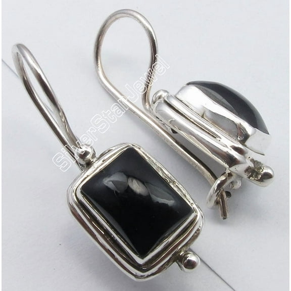 SilverStarJewel .925 Silver Cabochon Black Onyx Lightweight Fix Wire Earrings 1" Fashionable