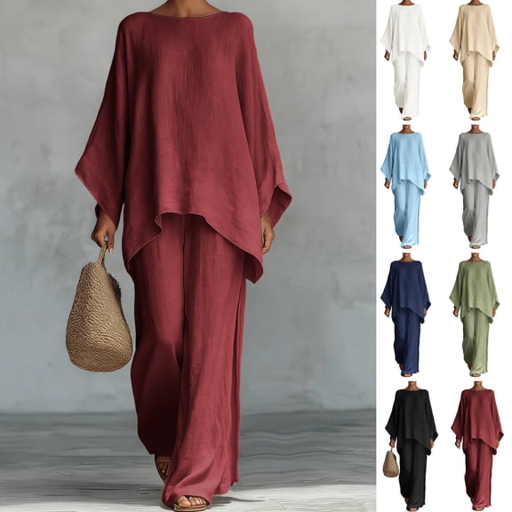 Gamivast Two Piece Outfits Womens Linen Boat Neck Batwing Oversized Linen Tops and High Waisted Wide Leg Flowy Linen Pants Breathable Skin Friendly Summer Beach Tropical Holiday Summer Suit