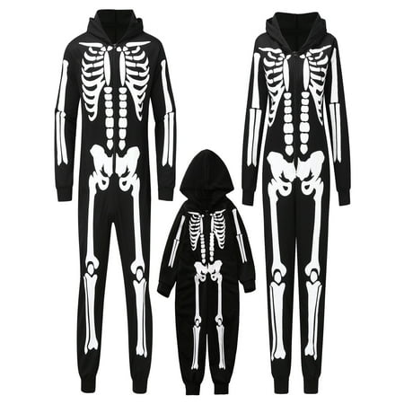 

Halloween Costume for Women Men and Kids Family Matching Outfits Jumpsuit Skeleton Print Hooded Romper with Zipper
