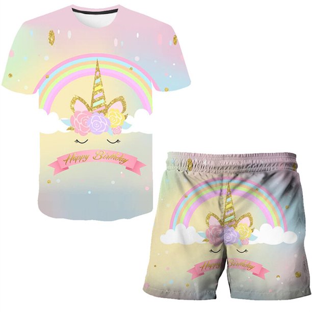 Conjuntos de ropa de unicornio para niños de verano, ropa para niños, camiseta de moda para niños + pantalones cortos bonitos, trajes de 2 uds, chándales de unicornio para niñas 8T Gao Jinjia LED