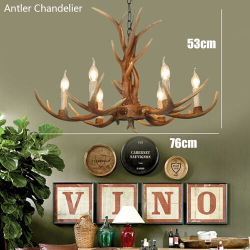Deer Horn 6 Head Retro Pendant Lamp Resin Antler Chandelier Candle Ceiling Light