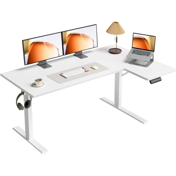 OffiGo Electric L Shaped Standing Desk, 55 Inches Height Adjustable Table, Reversiable Corner Stand Up Desk, Lifting Computer Table for Home Office, Computer Workstation, White