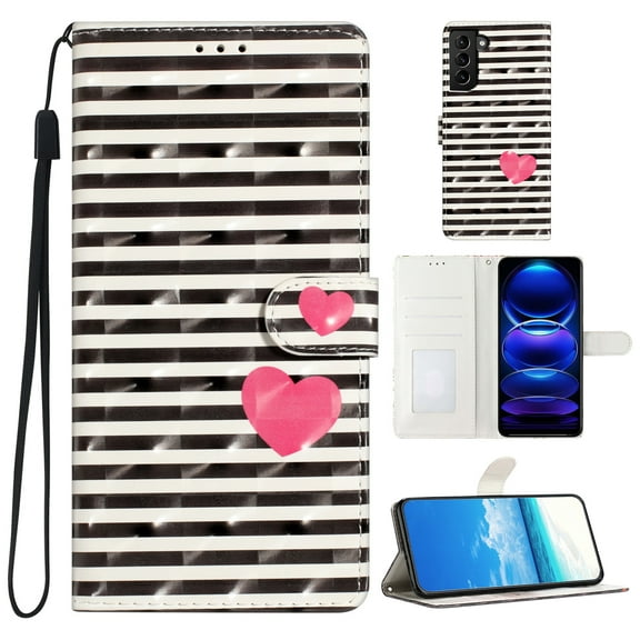 for Samsung Galaxy S22 PU Leather Flip Case, Stylish Wrist Strap Kickstand Magnetic Card Slots Pattern Shockproof Protective Durable Portable Ultra Slim Case for Men Women - Striped Heart