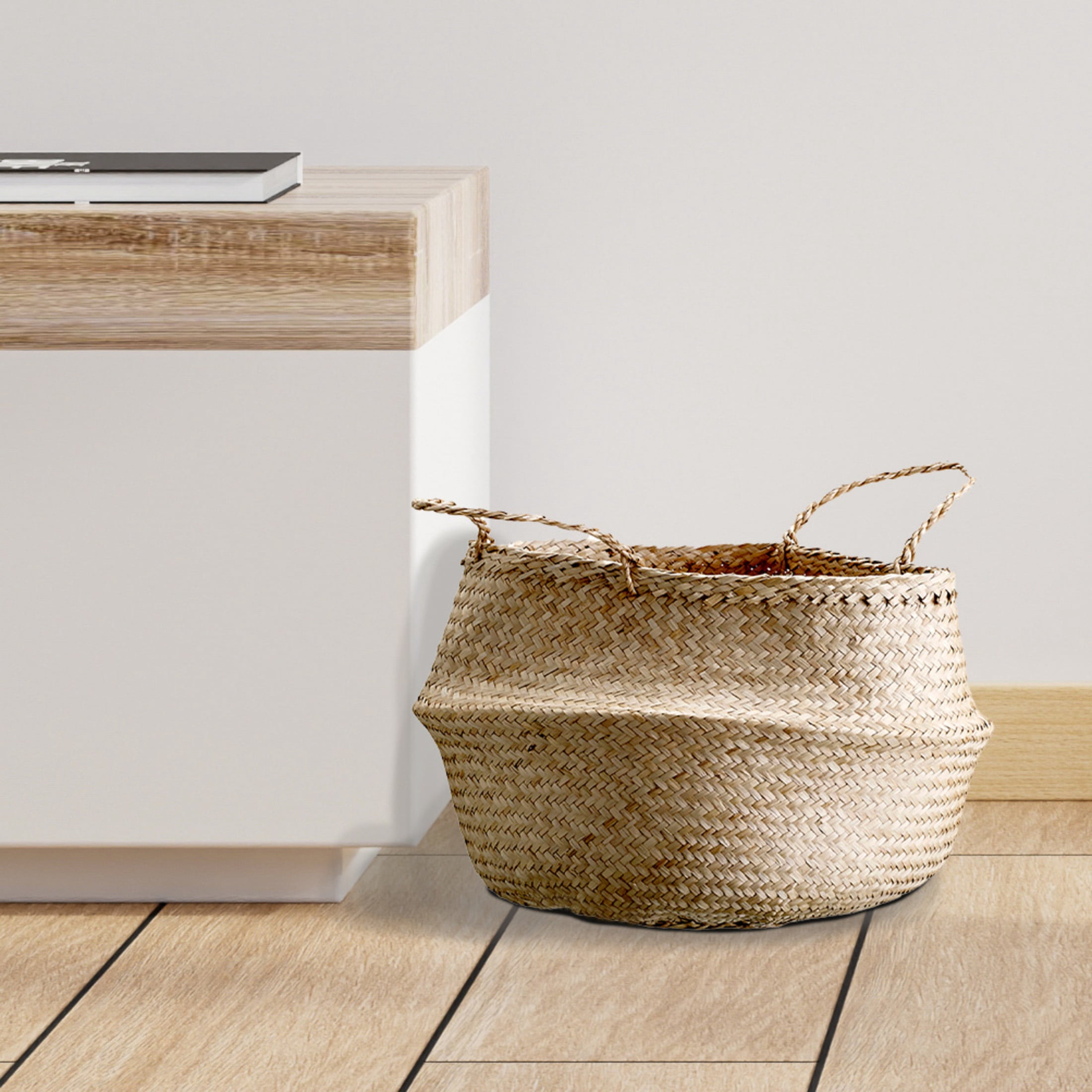 Bloomingville Handwoven Seagrass Basket Storage with Handles and Zig-zag Design, Natural