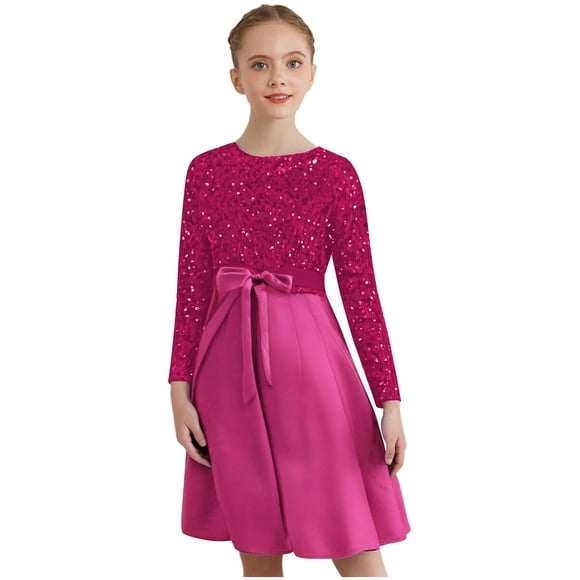 inlzdz Flower Girl Dress Sequined Pageant Ball Gown Long Sleeves Pleated Prom Birthday Party Dress Hot Pink 8