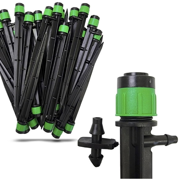 (100-PACK) - 1/4" Inch 360 Degree Drip Emitter On 6" Stake Sprayer Adjustable Flow 0-20 GPH, Fits 1/4 (4-6mm) Irrigation Tubing - Micro Bubbler Drippers for Drip Irrigation (50 PCS Dripper on Stake)