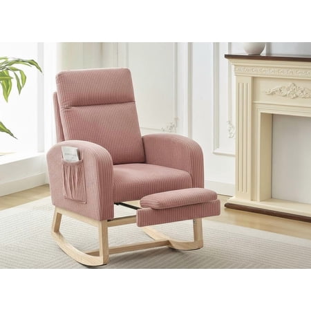 Modern Nursery Rocking Chair, Upholstered Glider Rocker with Foot Rest & Side Pockets, High Backrest Padded Accent Armchair, Recliner Chair