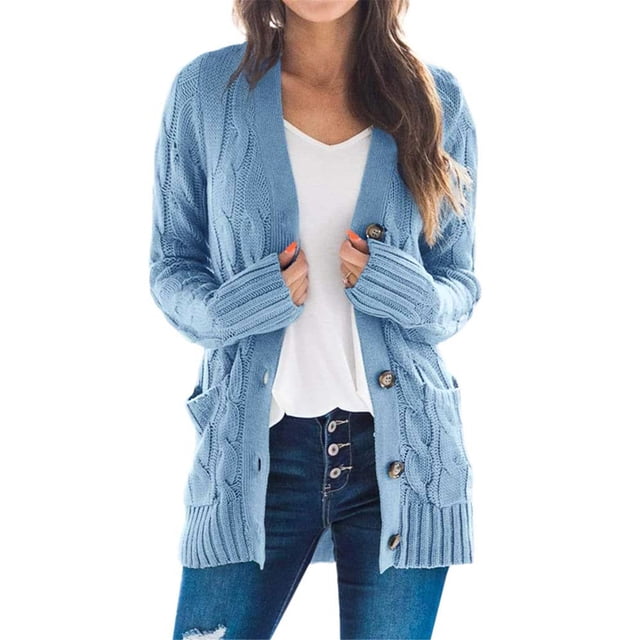 Solid Color Sweaters for Women Cardigan Open Front Knitted Button Down Long Sleeve Fitted Cardigan with Pockets