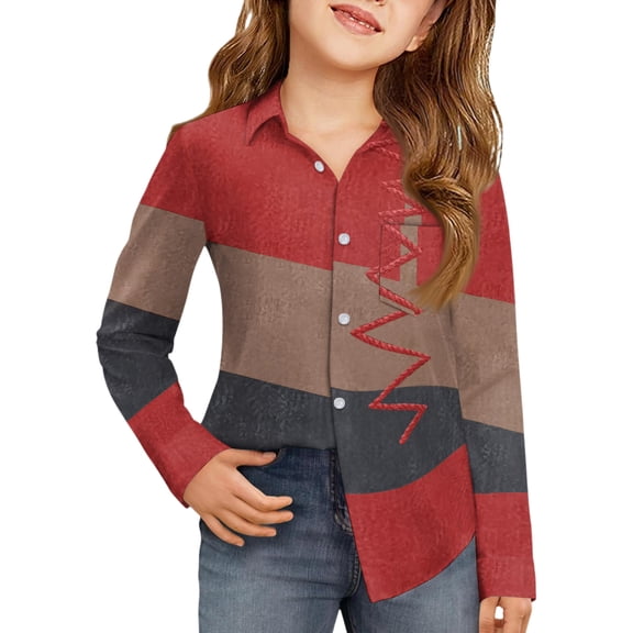 OIOLOYJM Girls Long Sleeve Shirts 2026 Casual Floral Print Button Down Polo Shirts Spring Dressy Lapel Collared School Uniform Loose Fit Blouses with Pocket Vermilion 8-9 Year