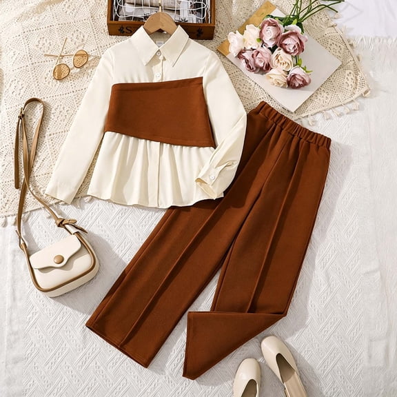 SGFCWSX Girls 2 Piece Outfit Peplum Collared Shirt and Wide Leg Pants Long Sleeve Casual Dressy Trendy Clothing Set Brown Size 7