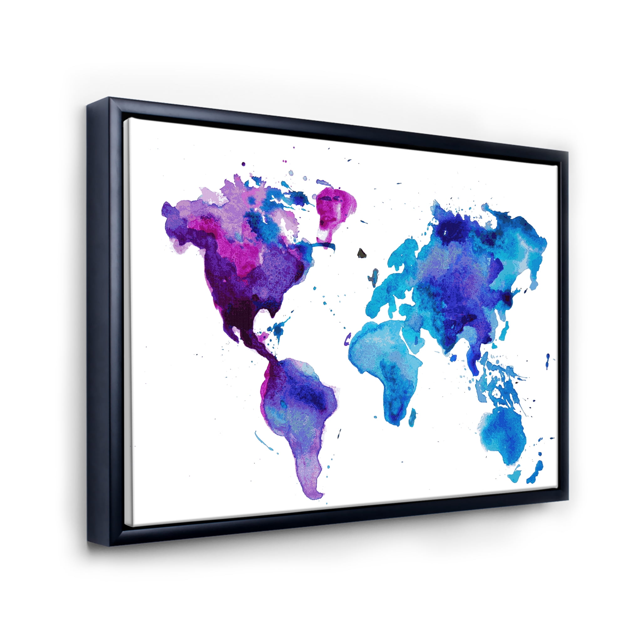 Designart 'Blue and Purple Map Of The World' Modern Framed Canvas Wall Art Print