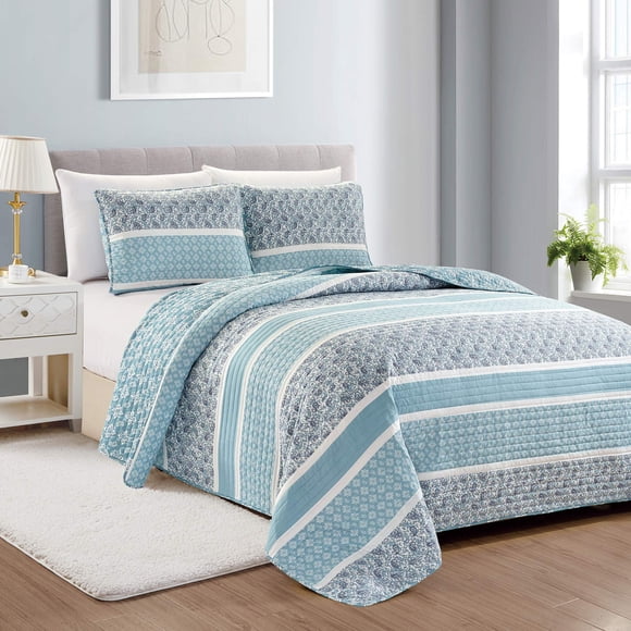 Great Bay Home 3-Piece Reversible Blue King Quilt Comforter with 2 Shams | Lightweight, All-Season, Cozy, Modern Bedspreads | Paisley Coverlet Sets | Kadi Collection