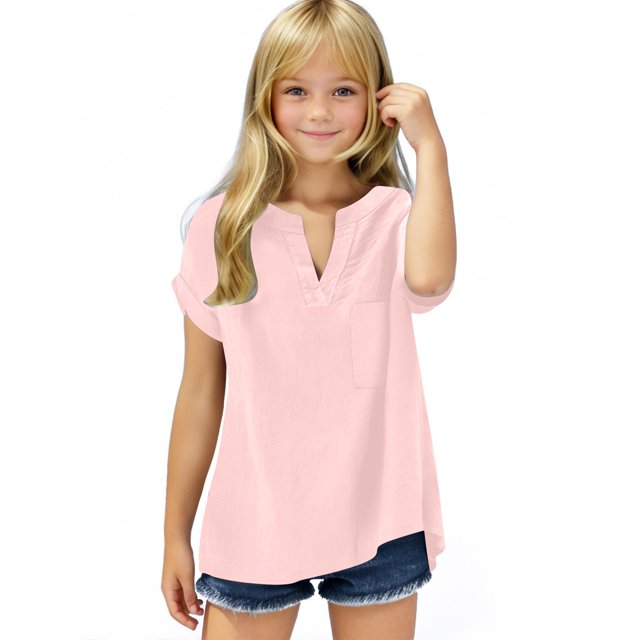 lcziwo Chemises en Coton et Lin pour Filles Été 2025 Manches Courtes Col en V Boutons Hauts Tunique Décontractée Chic Blouses Roses Économies d'Automne