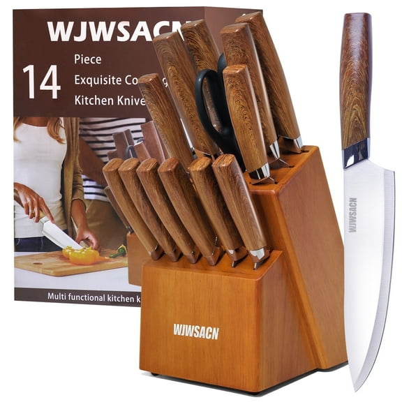 Knife Block Set,14 Piece Kitchen Knives Set with Block and Built-in Sharpener,Stainless Steel Kitchen Knife Cutlery Set,Dishwasher Safe