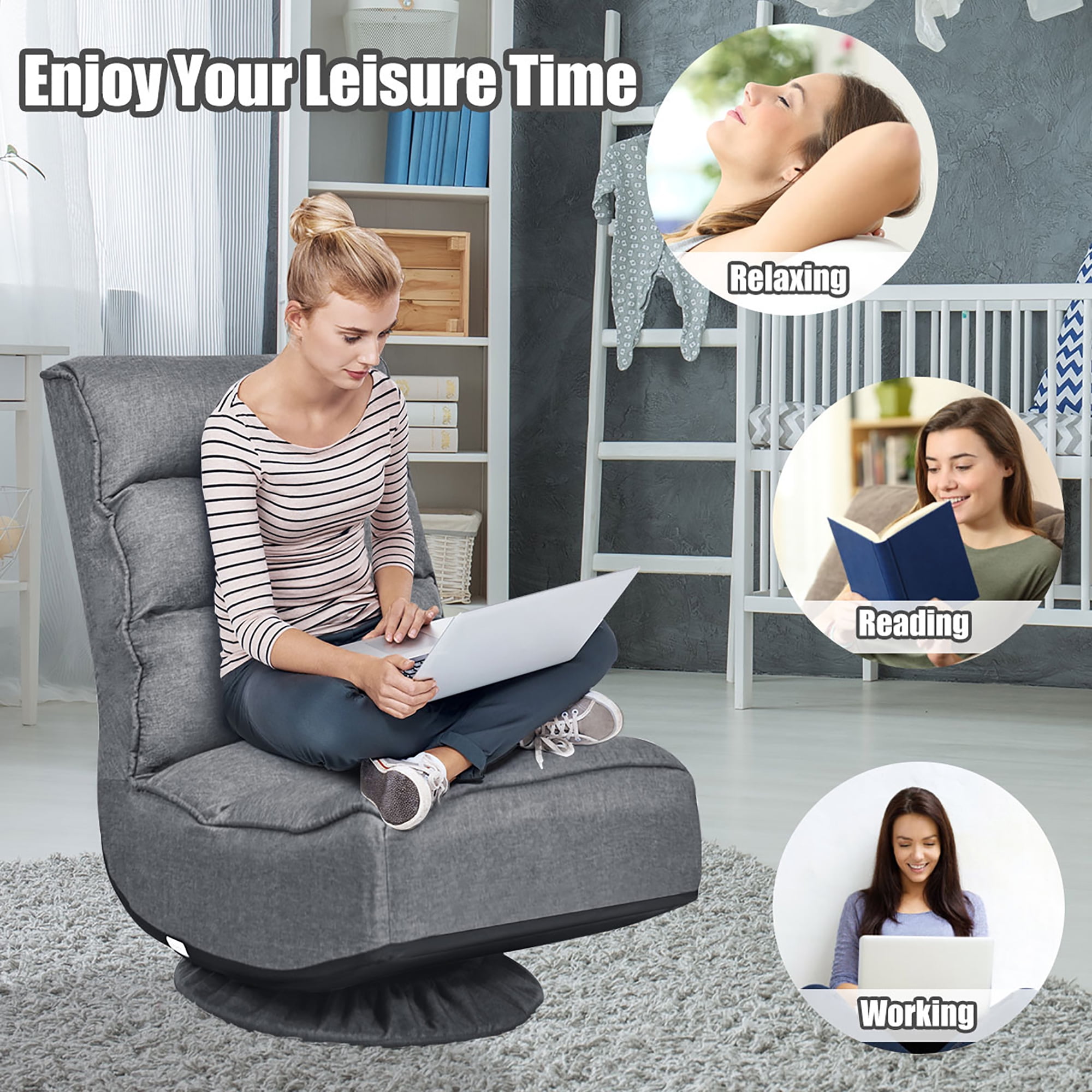 Costway Gaming Chair Fabric 6-Position Folding Lazy Sofa 360 Degree Swivel Grey