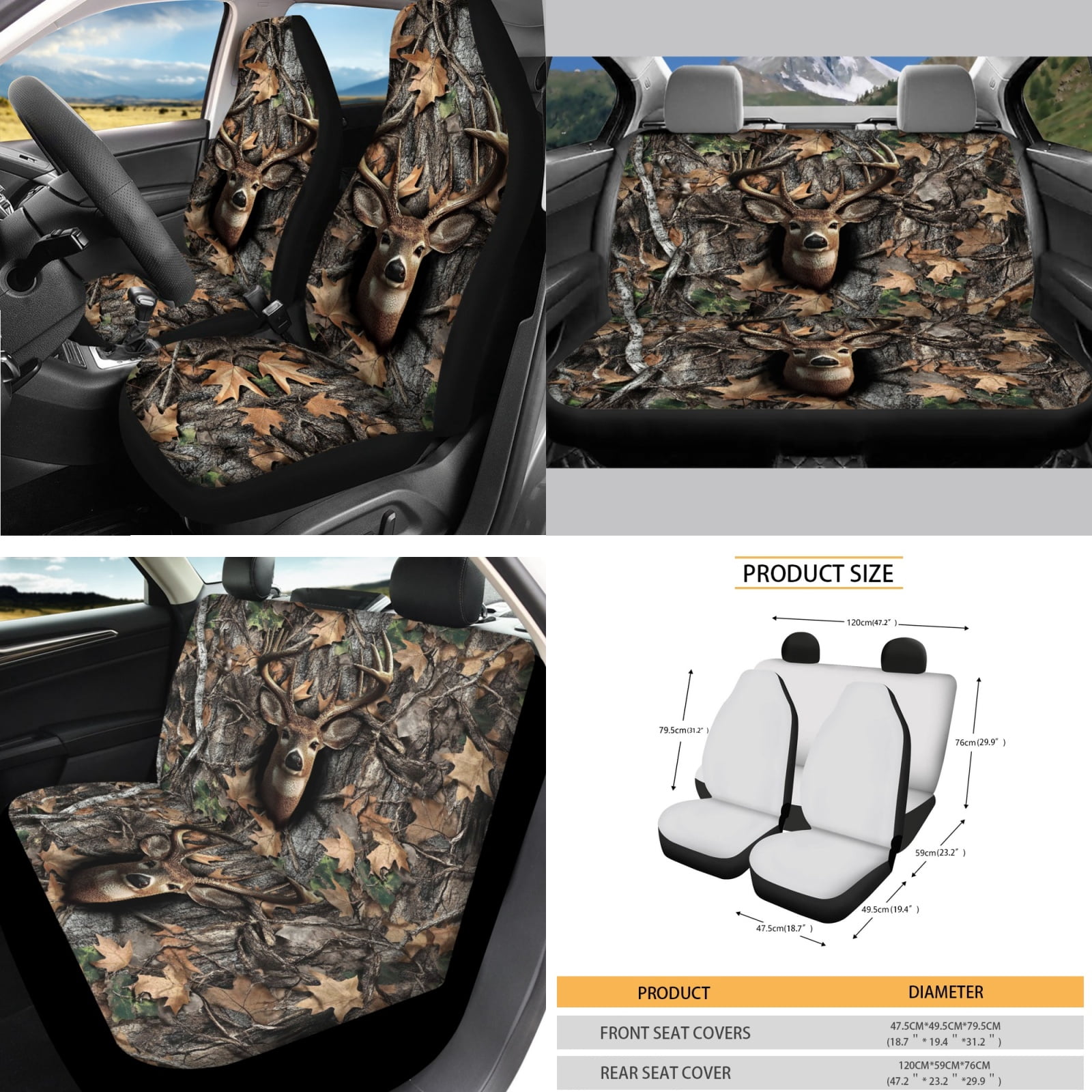 Yuyamidu Deer Front Rear Car Seat Covers Full Set Camo Hunting Steering Wheel Cover Seat Belt Pads Coasters Waste Bin Armrest Cover Cup Holders Rearview Mirror Cover Handbrake Cover Set, 14 Pack