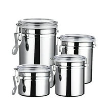OAVQHLG3B 4Pcs Stainless Steel Airtight Canister for Kitchen, Large Flour Coffee Bean Tea Cereal Sugar Cookie Metal Food Storage Canisters with Clear Lid and Sturdy Locking Clamp