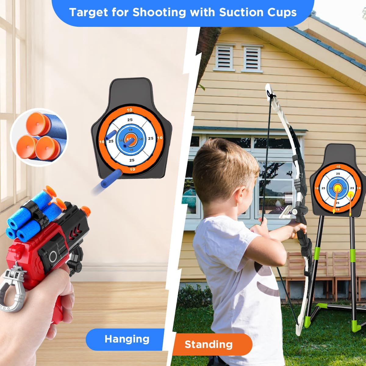 VATOS 2 Pack Bow and Arrow Toy, Light Up Archery Toy with Cup Suction Standing Target & 29 in Dart Board Toys for Kids 5-12 Year