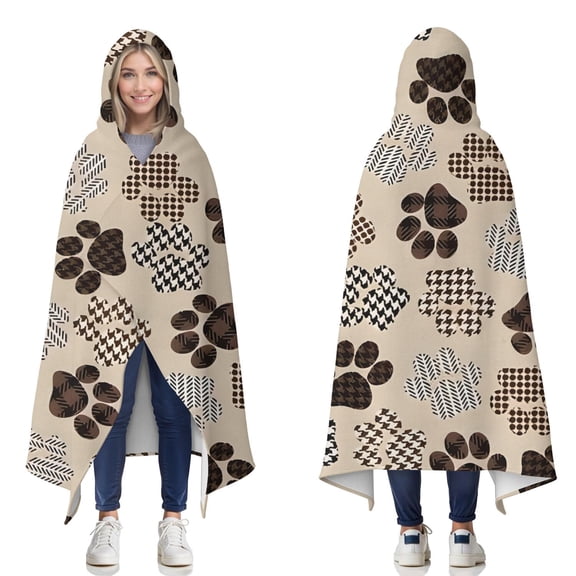 Wearable Blanket,Paw Print Hooded Wearable Flannel Blanket for Adults & Teens,Winter Poncho Shawl Wrap Cape Cozy Anti-Pill,50"x60"