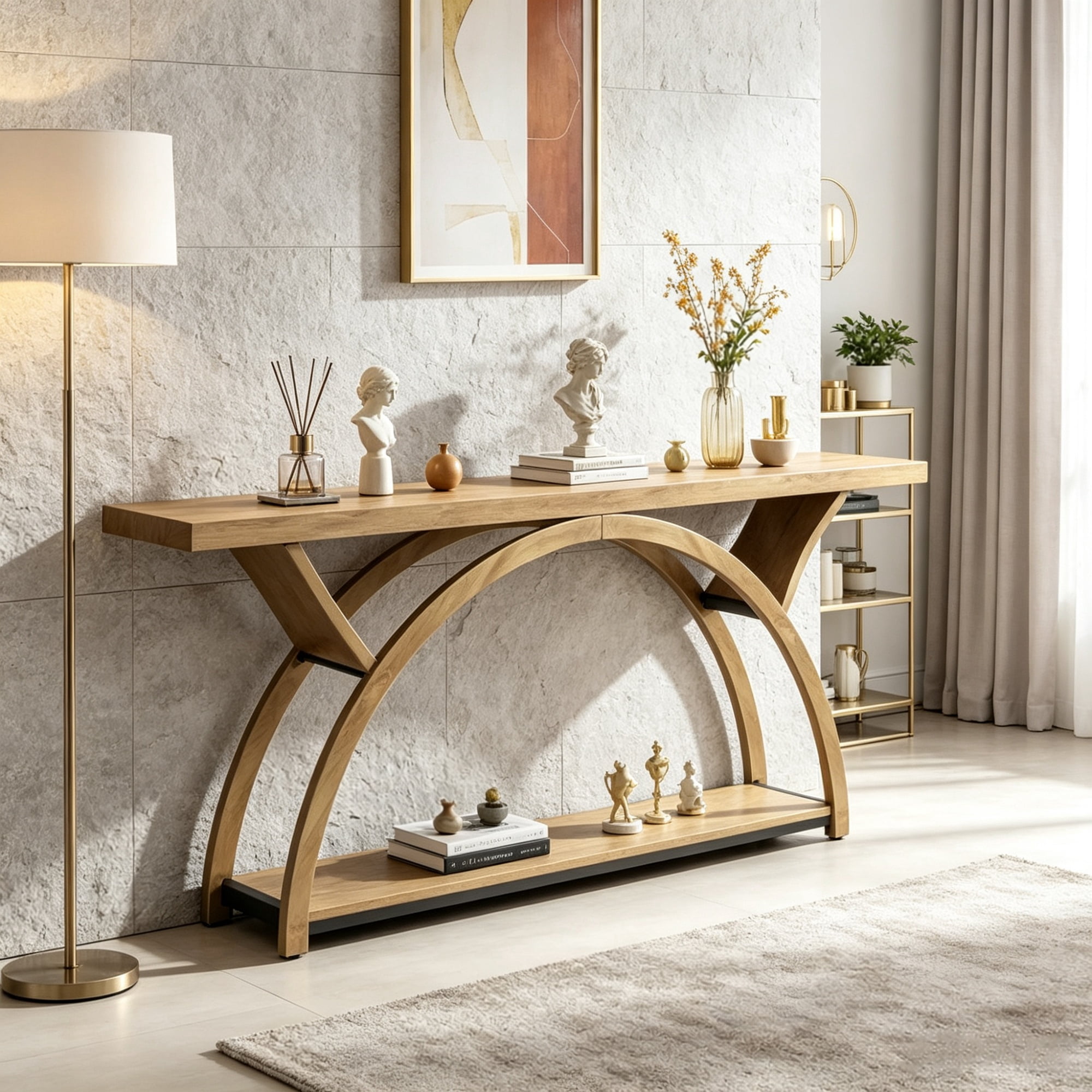 71 Inch Half Moon Console Table with 2 Tier Storage Shelves, Entryway Table