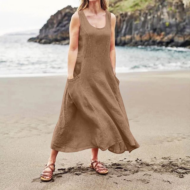 Ovzne Robes d'Été pour Femmes 2025 Robe d'Été Mode d'Été pour Femmes Décontractée Couleur Unie Sans Manches Col Rond Robe avec Poches Jupe Robe pour Femmes Liquidation