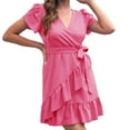 thumbnail image 2 of Antinious Ladies Summer Beach Dress,Elegant Dresses for Women,Party Dresses for Women Short Sleeved Solid Sleeved Ruffle V-Neck Dress,Hot Pink,L, 2 of 5
