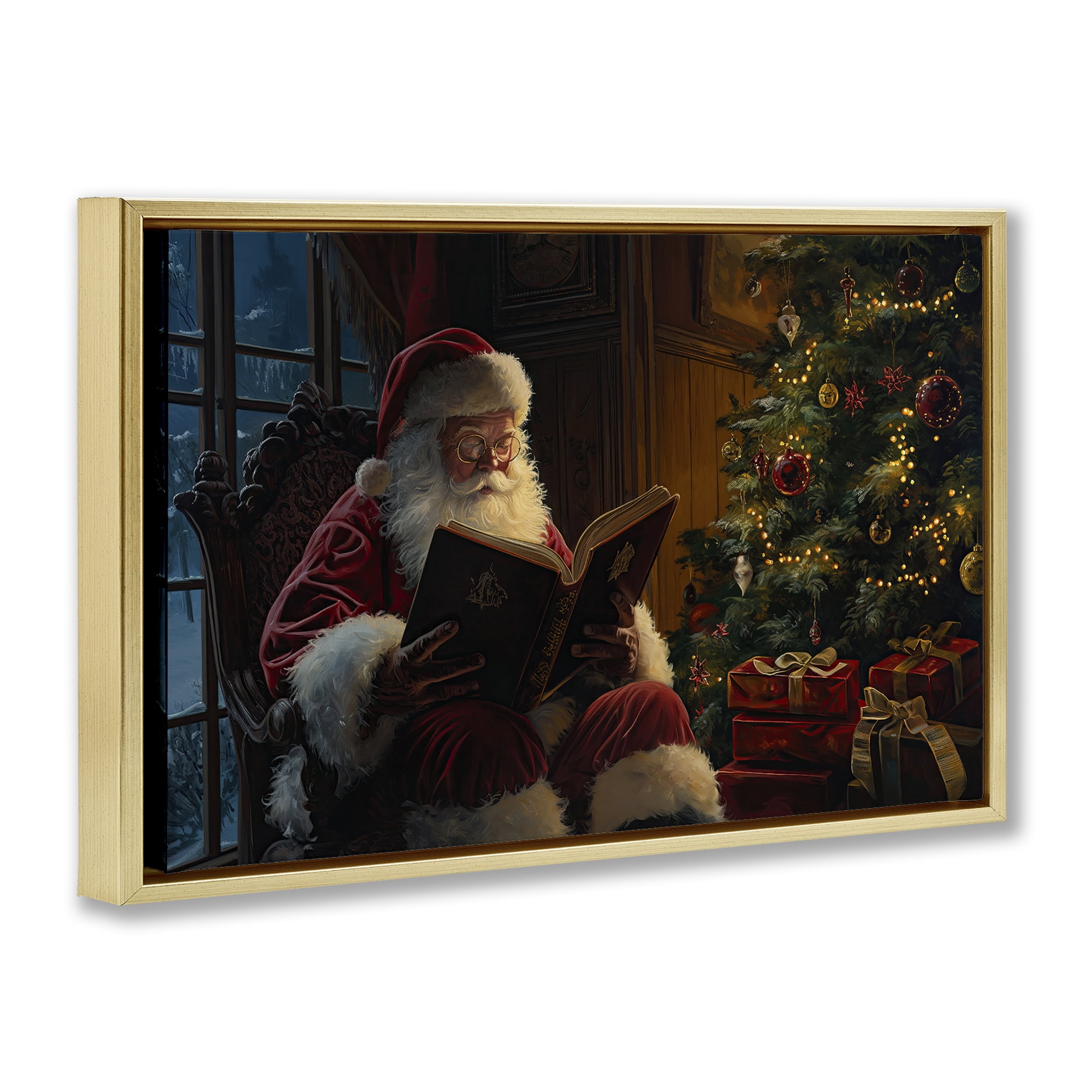 Stupell Industries Santa Reading by Tree Holiday Painting Gold Floater Framed Canvas Art Prints Wall Art, 31 x 21