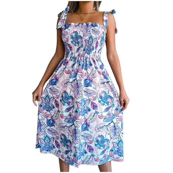 USSUMA Dress Women's Wedding Guest Pleated A Line Flowy Swing Boho Midi Sundresses for Women Casual Beach Floral Print Spaghetti Strap Square Neck Sleeveless Summer Sun Dresses Graduation