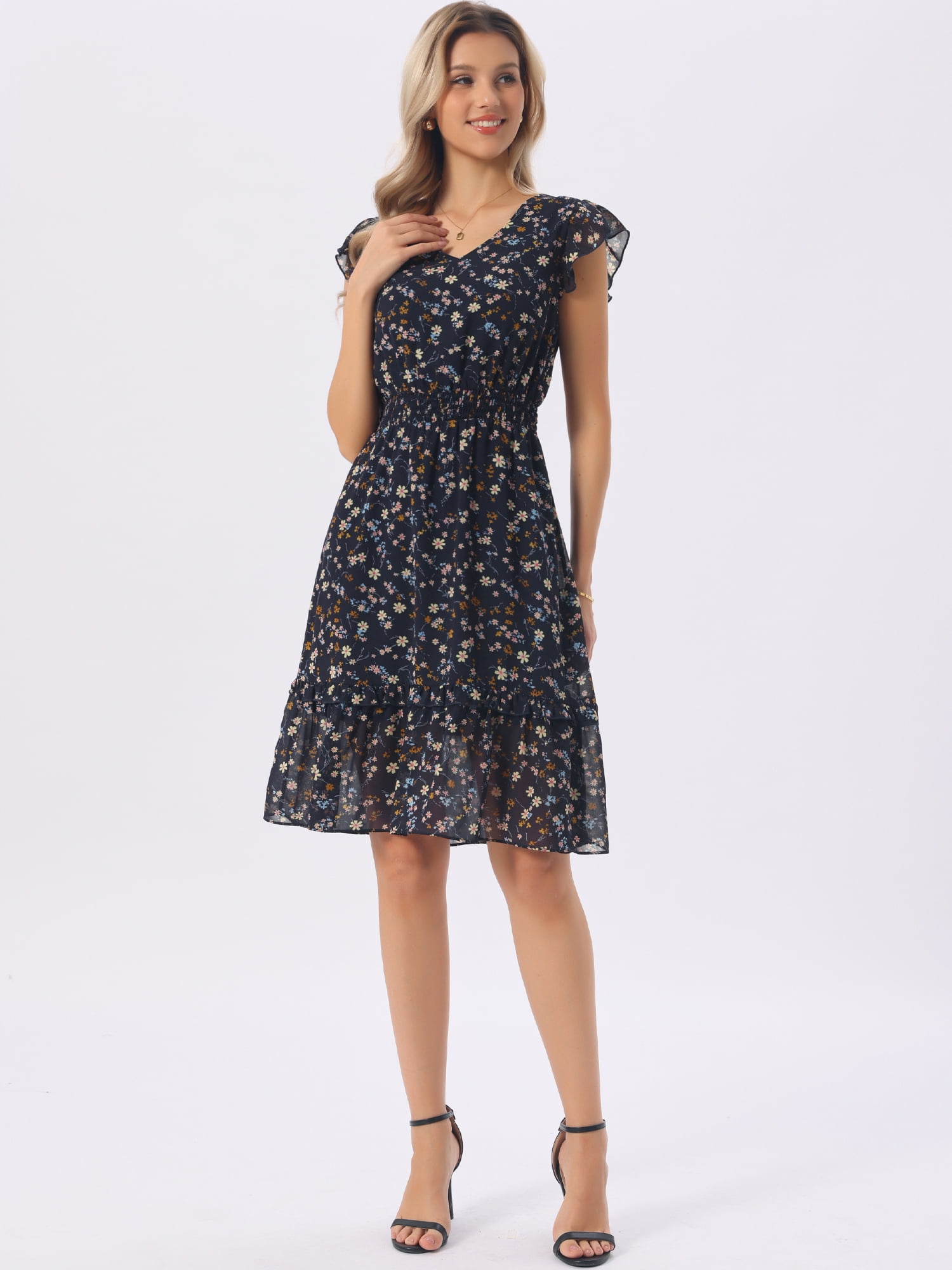DARING DIVA Women's Floral Summer V Neck Flutter Sleeve Ruffle Dress XL Dark Blue Yellow