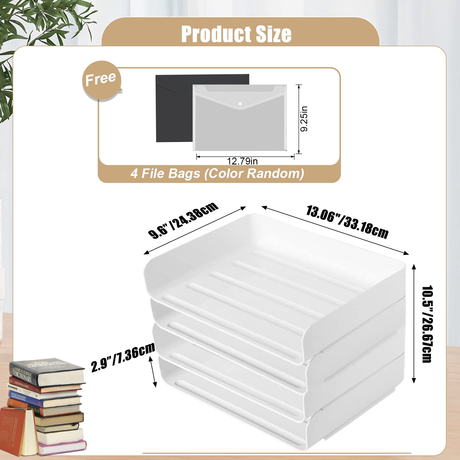 Stackable Paper Trays 4 Pack, Desk Letter Tray Set with 4 File Bags, Stackable Desk Organizer for Books, Magazines, Folders, A4 Size File Paper, Notes, Pens (White)