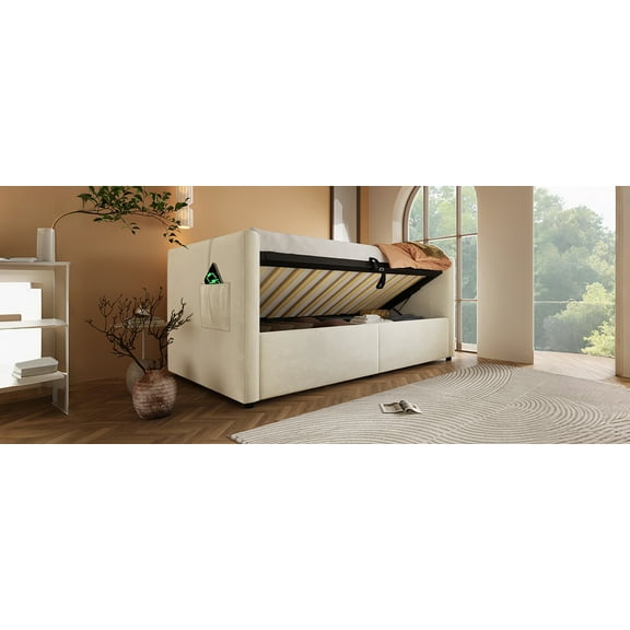 Lisonu Twin Daybed with Hydraulic Lift-Up Storage, Upholstered Sofa Bed Frame with USB & Type-C Charging Station, Velvet Tufted, Beige