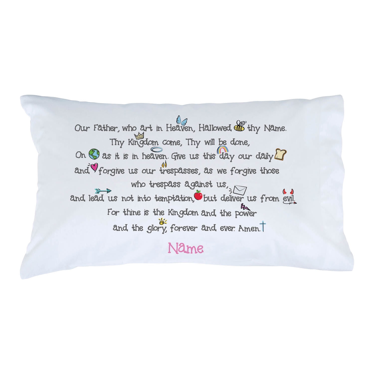 Personalized Planet Our Father Prayer White Pillowcase with Custom Pink Name Printed | Fun Spiritual Bedroom Décor for Children | Standard Queen Size Pillow Cover | 20x31