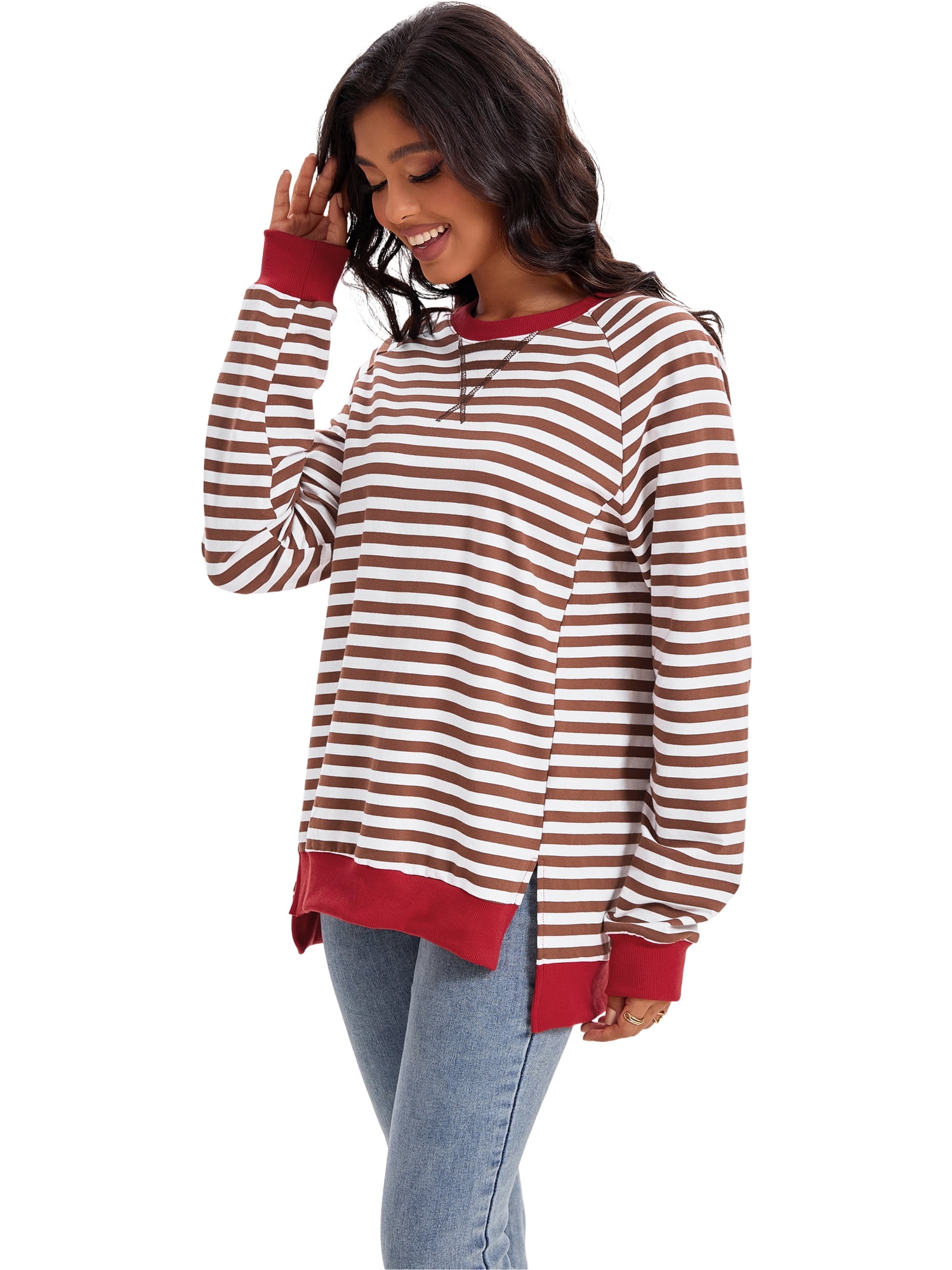 Unique Bargains Women's Striped Oversized Crewneck Pullover Tops S Coffee White