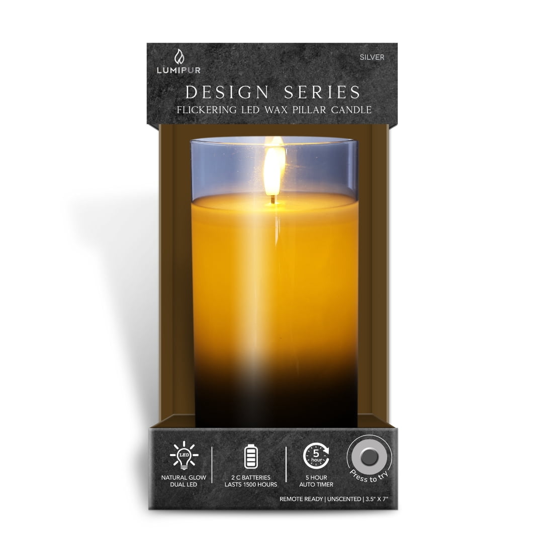 LumiPur Premium Design Series Glass Flameless LED Candle 3.5" x 7", Silver