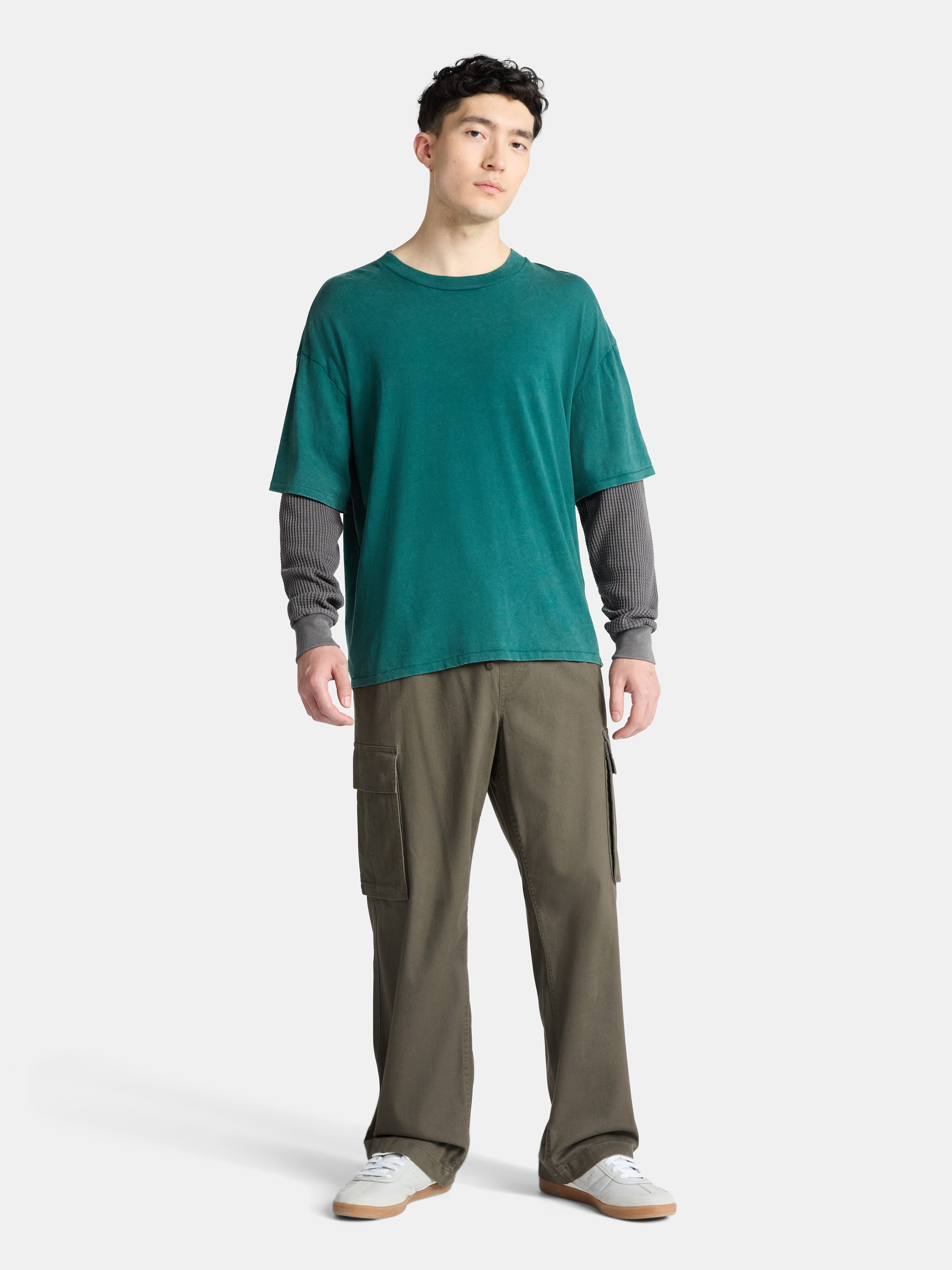 No Boundaries Cotton Washed Tee with Layered Long Sleeves, Men's & Big Men's