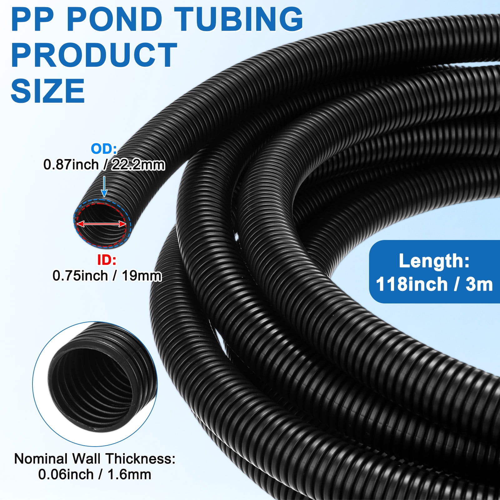 Uxcell 3/4" ID Pond Tubing, 10ft Corrugated Flexible Reinforced PP Hose Pipe Pump Tube for Garden Ponds/Waterfall Sump Pump Hose [Black]