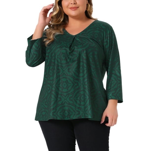 Agnes Orinda Blusa de Mujer Talla Grande con Escote en V y Mangas de 3/4 de Botánica Casual Elegante 1X Verde Oscuro
