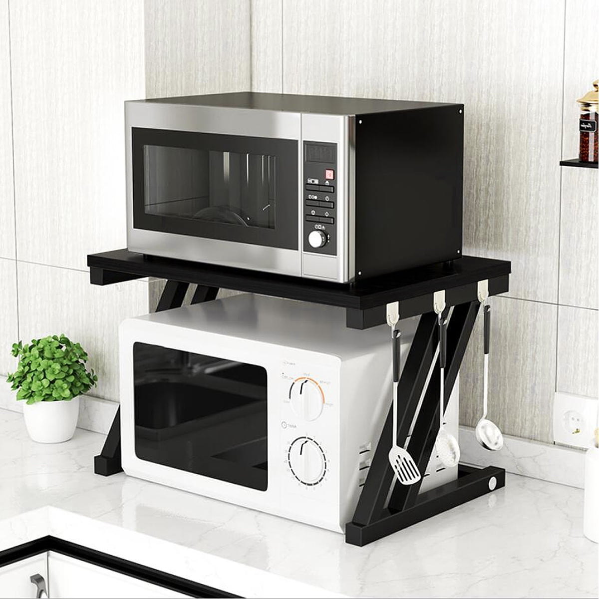 2 Tier Steel Wooden Home Kitchen Microwave Stand Microwave Oven Rack