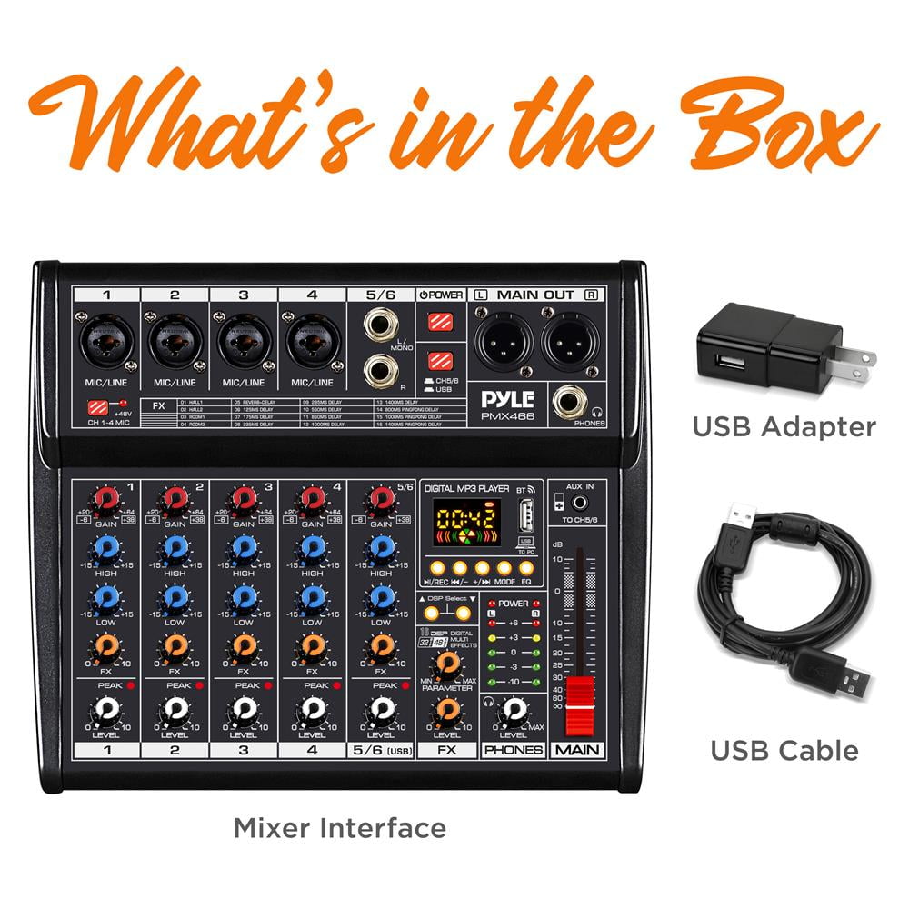 Pyle PMX466 - 6-Channel Audio Mixer w/ Recording Interface - Built-in Multi-FX Processor/AUX Input & MP3 Player, 4 XLR I/O Connectors
