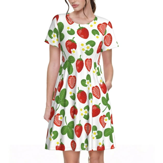 Vsdgher Robes Maxi Midi Décontractées Fraise pour Femmes Été 2025 Manches Courtes Légères Col Rond Robe de Plage