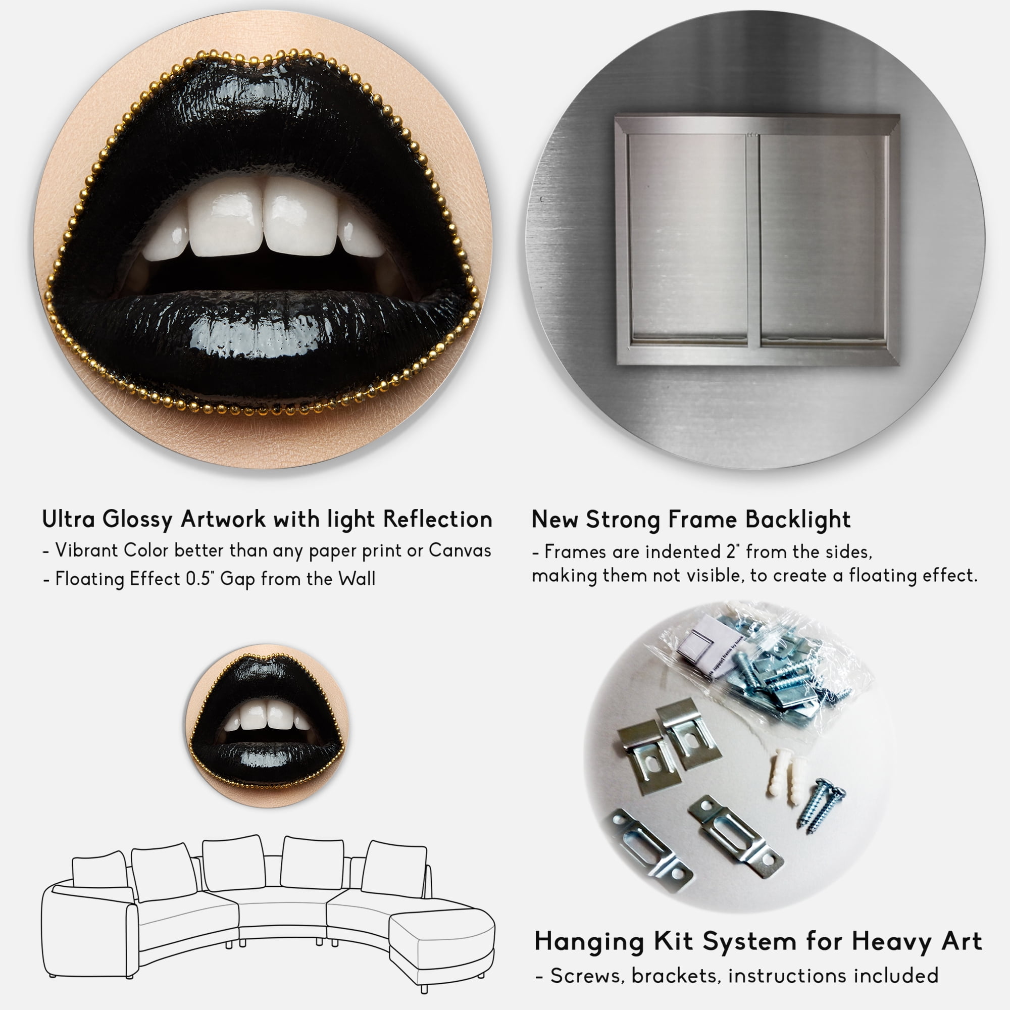 Designart 'Woman Lips With Black Lipstick & A Gold Chain' Modern Circle Metal Wall Art 36x36 - Disc of 36