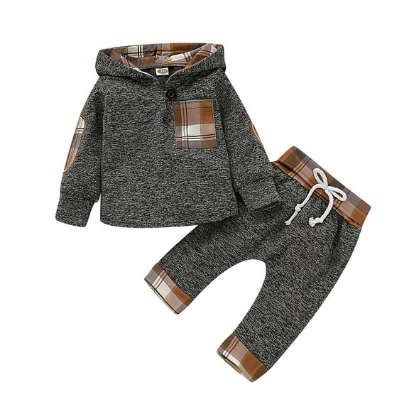 KIMI BEAR Newborn Baby Boys Outfits 6 Months Newborn Boy Autumn Winter Outfits 9 Months Newborn Boy Cozy Hooded Plaid Long Sleeves Top Pants 2PCs Set Beige