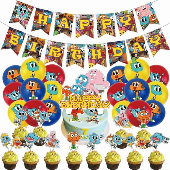 32 Pcs For The Amazing World of Gumball Theme Birthday Party Decorations,With 1 Happy Birthday Banner Garland,13 Cupcake Toppers,18 Balloons for Party Decorations