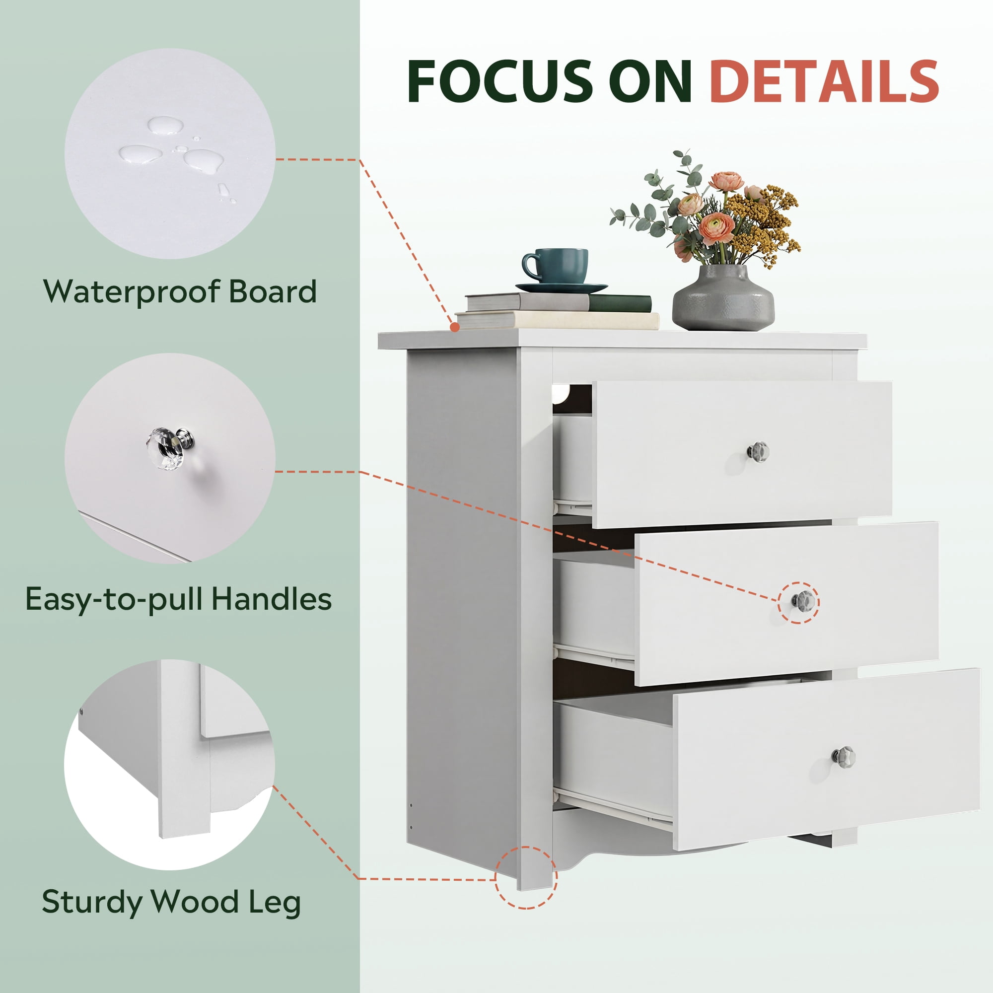 GALAXHERO Tall White Nightstand with Charging Station and 3 Drawers, Wood Bedside End Table with 2 USB Ports & 2 AC Outlets for Bedroom Living Room Dorm