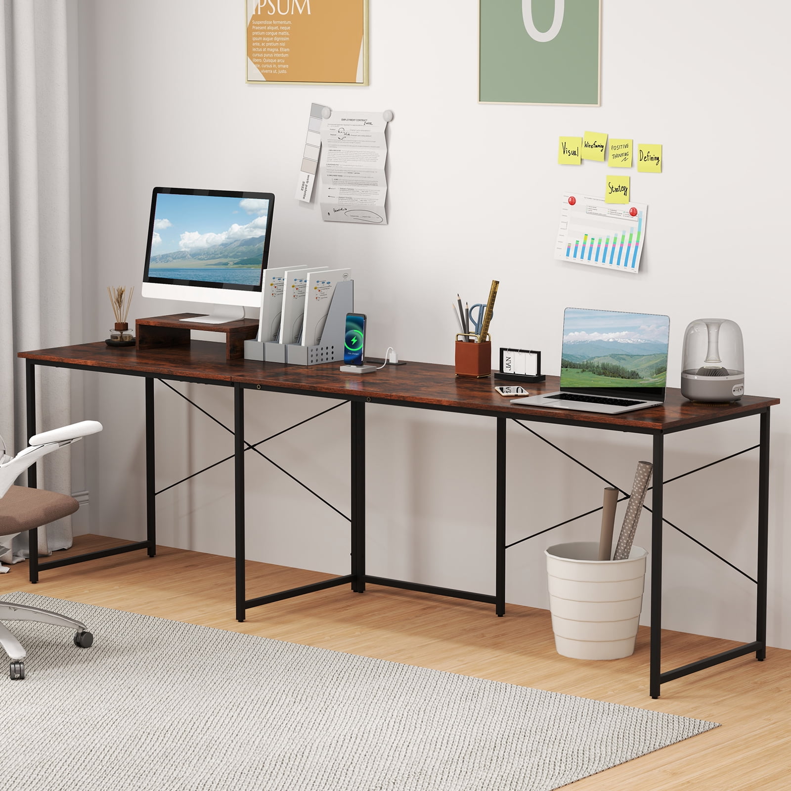 Giantex 95 Inch Reversible Corner Desk, L-Shaped Computer Desk w/Monitor Stand & 3 Cable Holes, 2-Person Long Study Writing Desk for ome Office, Rustic Brown