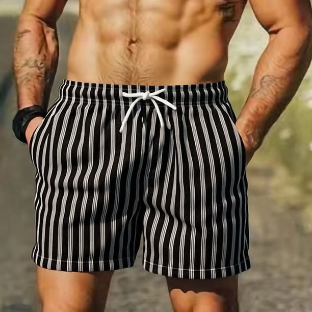 Ceisia Summer Men's Casual Striped 5 Inch Beach Shorts Quick Dry Drawstring Waist Swim Trunks with Pockets Black L Gifts