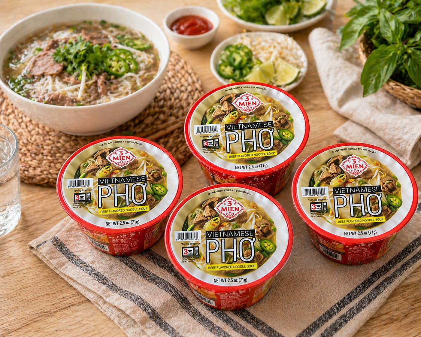 3 Mien Vietnamese Pho Beef Flavored Noodle Soup Bowls, 2.5 oz Each, 4 Pack Instant Microwave Rice Noodles