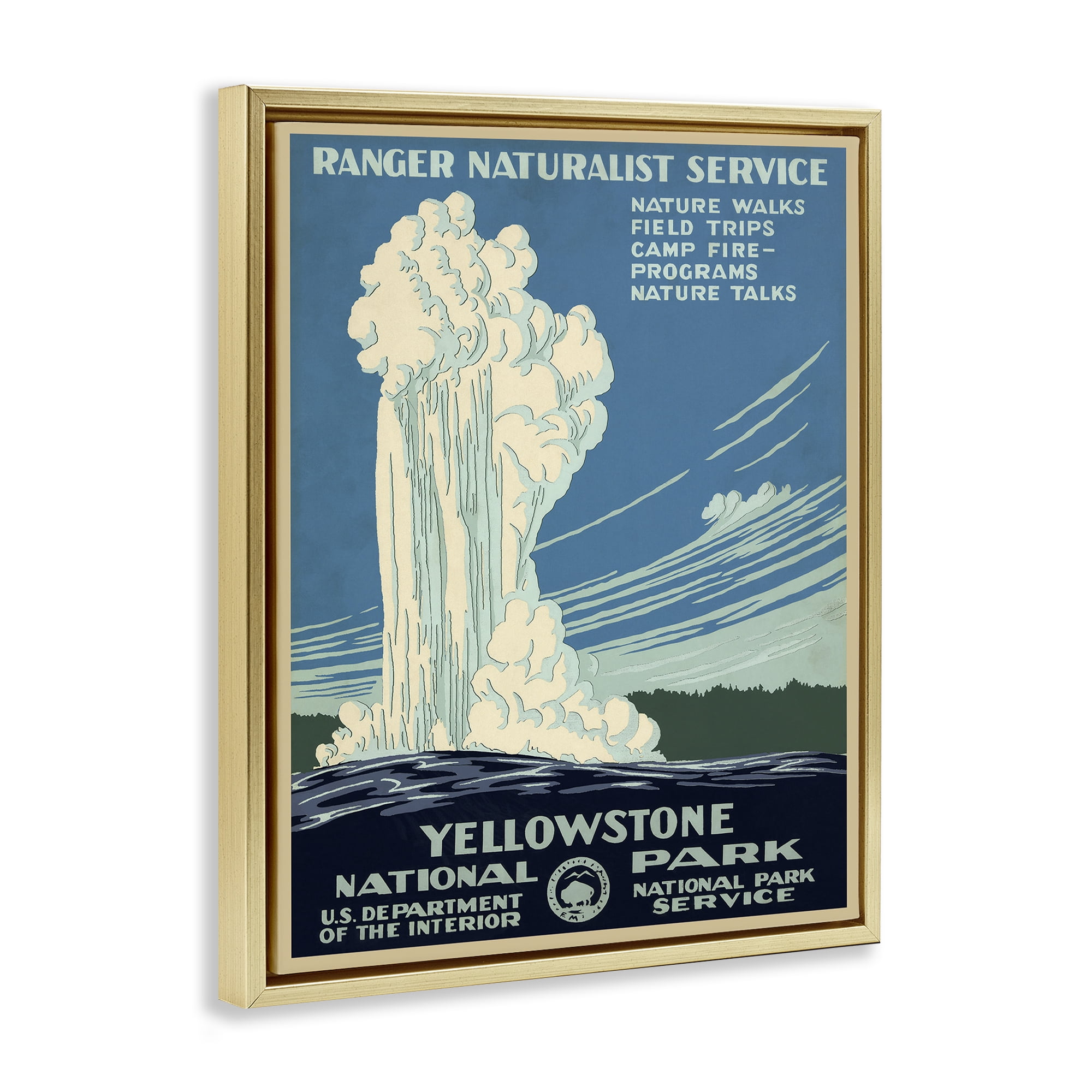 Stupell Industries Vintage Yellowstone Poster Landscape Painting Gold Floater Framed Art Print Wall Art, 17 x 21