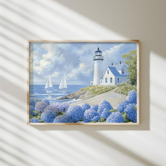 Miluva Coastal Wall Art Sailboat Blue Hydrangea Wall Art Coastal Granddaughter Print Vintage Summer Horizontal Print Lighthouse Art Decor For Living Room Bedroom, 8x12 UNFRAMED